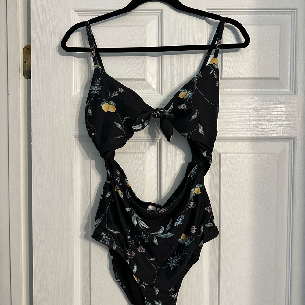 Floral and Lemon Black Cutout Swimsuit